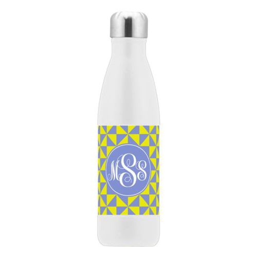 Custom steel water bottle personalized with web pattern and monogram in periwinkle and neon yellow