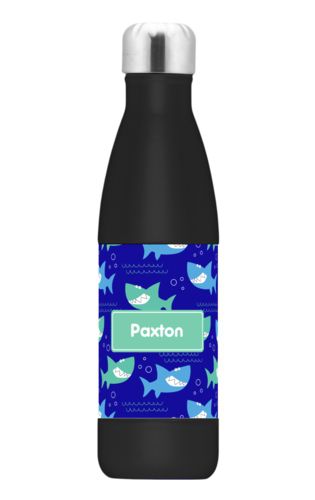 Custom insulated water bottle personalized with sharks pattern and name in mint Custom insulated water bottle personalized with sharks pattern and name in mint