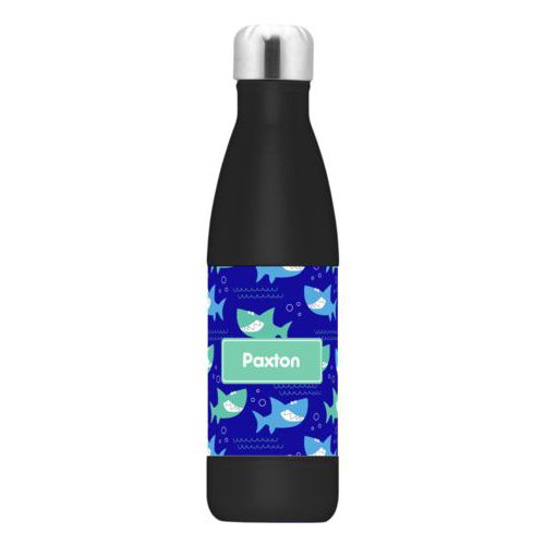 Custom insulated water bottle personalized with sharks pattern and name in mint