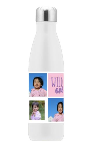 Personalized stainless steel water bottle personalized with photos and the saying "wild one" in grape purple and rosy cheeks pink Personalized stainless steel water bottle personalized with photos and the saying "wild one" in grape purple and rosy cheeks pink