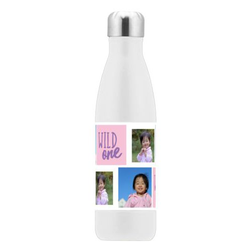 Personalized stainless steel water bottle personalized with photos and the saying "wild one" in grape purple and rosy cheeks pink