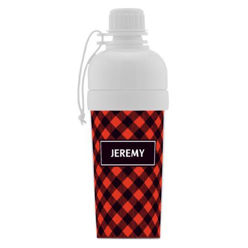 Kids water bottle personalized with check pattern and name in black and strong red