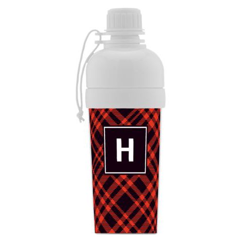 Water bottle for girls personalized with tartan pattern and initial in black and strong red