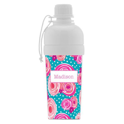 Kids water bottle personalized with blossoms pattern and name in dusty pink