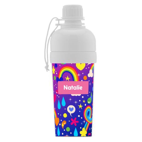 Kids sports bottle personalized with rainbows pattern and name in pretty pink