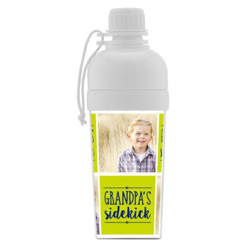 Kids water bottle personalized with a photo and the saying "grandpa's sidekick" in marine and chartreuse
