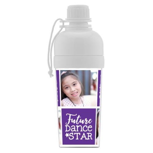 Kids water bottle personalized with a photo and the saying "future dance star" in purple and white