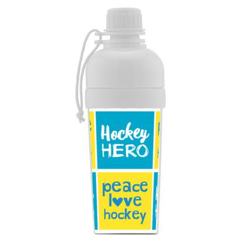 Kids water bottle personalized with sayings "hockey hero" in juicy blue and white and "peace love hockey" in true blue and lemon meringue