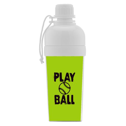 Kids water bottle personalized with the saying "play ball" in black and juicy green