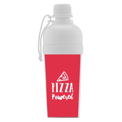Personalized water bottle for kids personalized with the saying "pizza powered" in cherry red and white