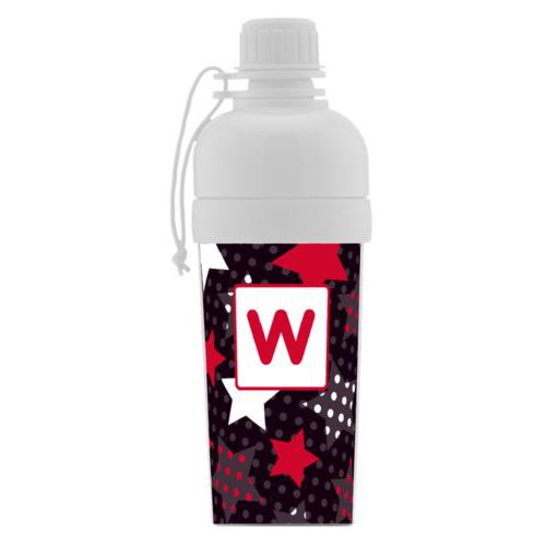 Kids water bottle personalized with digital stars pattern and initial in black and apple red