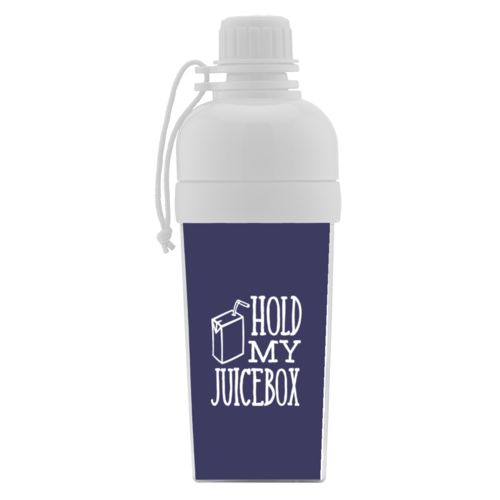Personalized water bottle for kids personalized with the saying "hold my juicebox" in navy and white