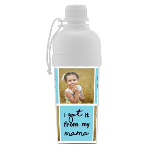 Kids water bottle personalized with a photo and the saying "I got it from my mama" in black and sweet teal