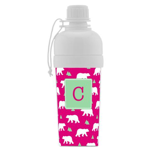 Custom sports bottle personalized with bears pattern and initial in pomegranate and spearmint
