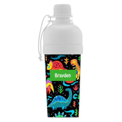 Kids water bottle personalized with dinos pattern and name in green