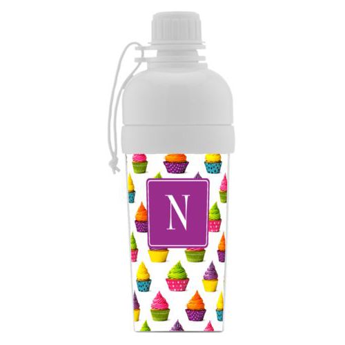 Water bottle for girls personalized with cupcakes pattern and initial in eggplant
