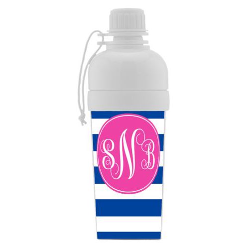 Water bottle for girls personalized with beach stripe pattern and monogram in juicy pink and royal blue