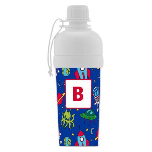 Kids water bottle personalized with space pattern and initial in apple red