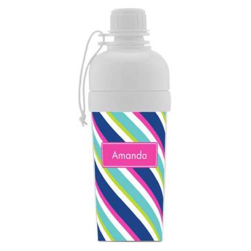 Kids water bottle personalized with shirley stripe pattern and name in juicy pink