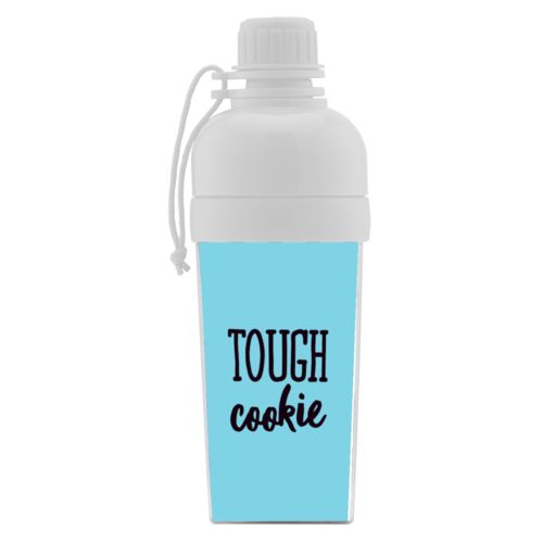 Kids water bottle personalized with the saying "tough cookie" in black and sweet teal