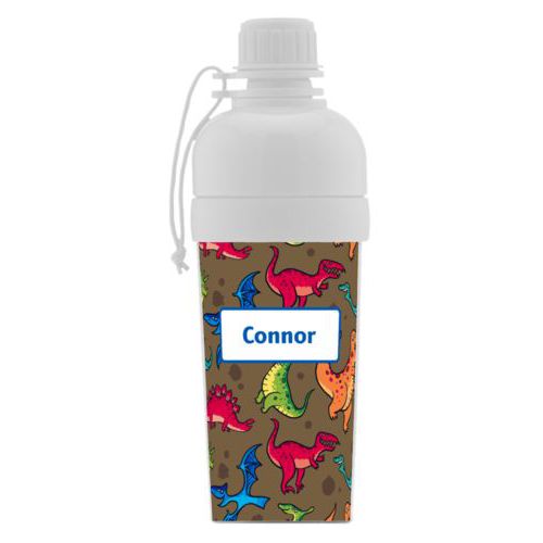 Kids water bottle personalized with dinosaurs pattern and name in cosmic blue