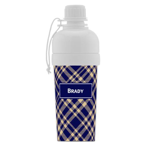 Kids water bottle personalized with tartan pattern and name in true navy and oatmeal