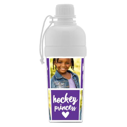Personalized water bottle for kids personalized with a photo and the saying "hockey princess" in purple and white