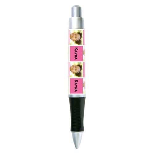 Personalized pen personalized with a photo and the saying "Kayra" in black and pretty pink