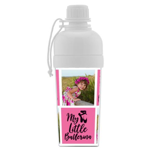 Water bottle for girls personalized with a photo and the saying "my little ballerina" in black and pretty pink