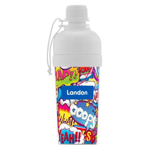 Kids water bottle personalized with comics pattern and name in cosmic blue