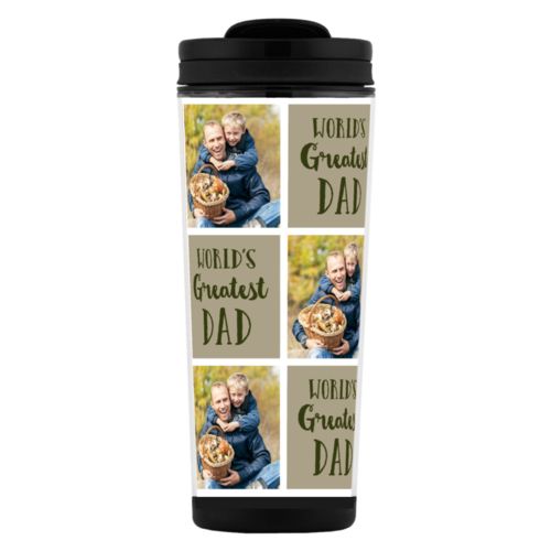 Personalized coffee travel mugs personalized with father and son photo and "World's Greatest Dad"