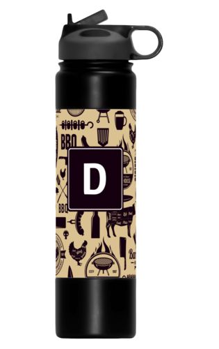 Custom water bottles personalized with bbq club pattern and initial in black and oatmeal Custom water bottles personalized with bbq club pattern and initial in black and oatmeal