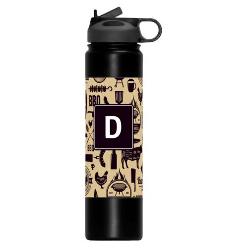 Custom water bottles personalized with bbq club pattern and initial in black and oatmeal
