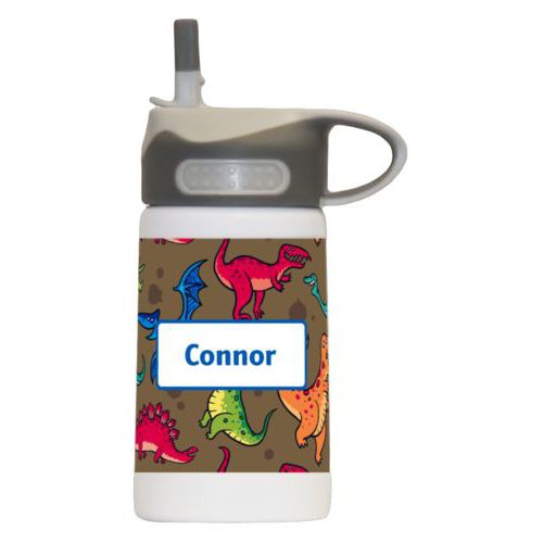 Kids water bottle personalized with dinosaurs pattern and name in cosmic blue