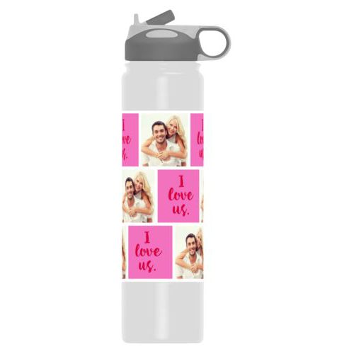 Custom water bottles personalized with a photo and the saying "I love us" in valentine red and pink