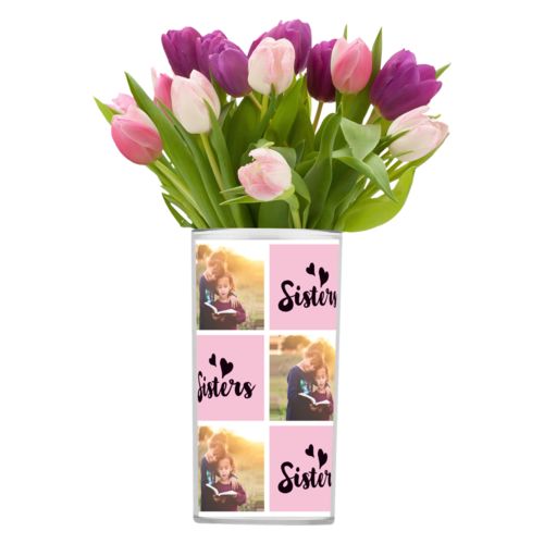 Personalized vase personalized with a photo and the saying "Sisters" in black and rosy cheeks pink