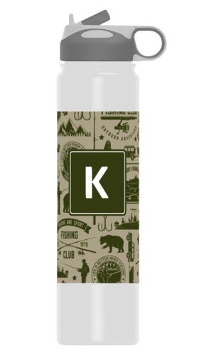Custom water bottles personalized with fishing club pattern and initial in olive and bark Custom water bottles personalized with fishing club pattern and initial in olive and bark