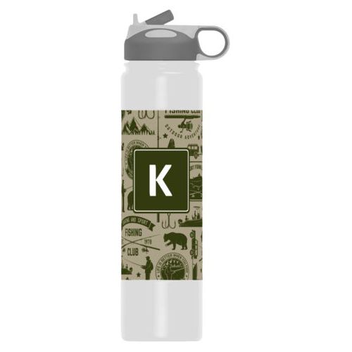 Custom water bottles personalized with fishing club pattern and initial in olive and bark