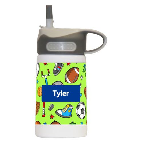 Kids stainless water bottle personalized with sports pattern and name in blue