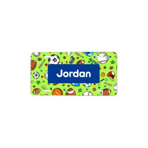 Custom name license plate personalized with sports pattern and name in blue