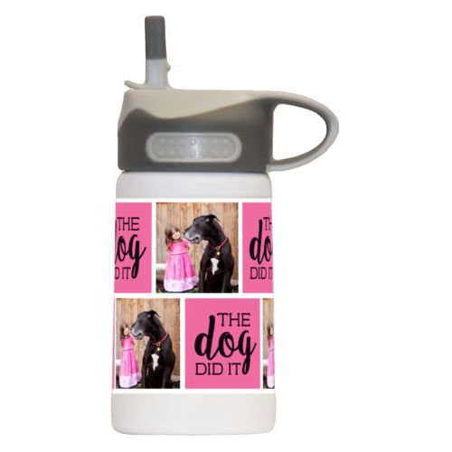 Kids stainless steel water bottle personalized with a photo and the saying "the dog did it" in black and pretty pink