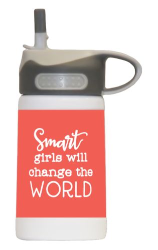 Kids water bottle personalized with the saying "smart girls will change the world" in flamingo and white Kids water bottle personalized with the saying "smart girls will change the world" in flamingo and white