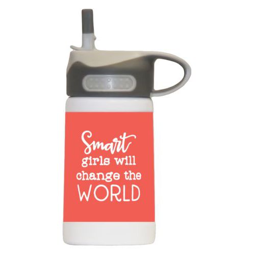 Kids water bottle personalized with the saying "smart girls will change the world" in flamingo and white