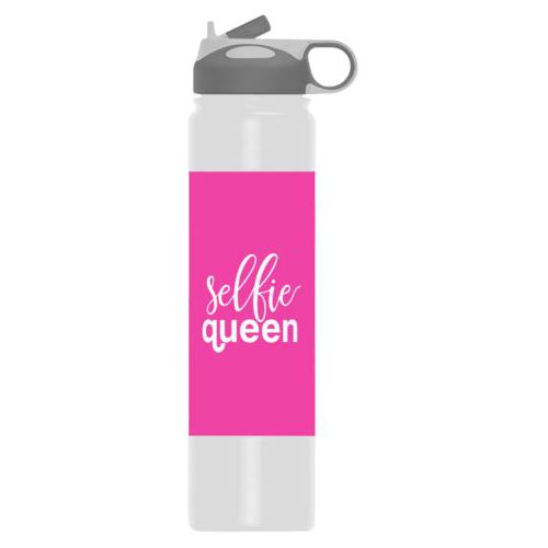 Personalized water bottles personalized with the saying "Selfie Queen" in juicy pink and white