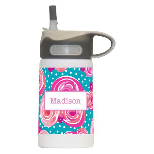 Kids water bottle personalized with blossoms pattern and name in dusty pink