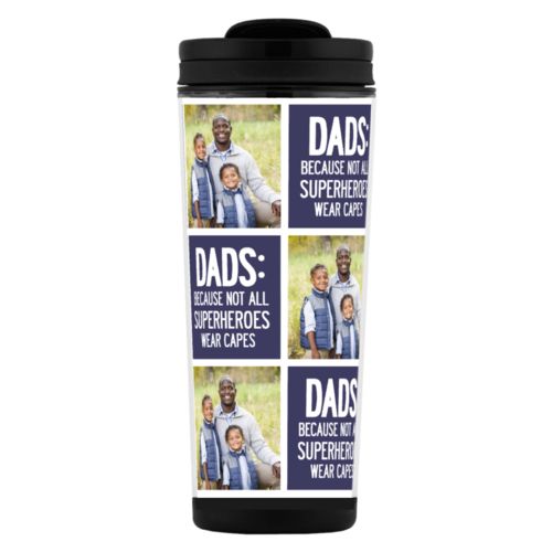 Custom tall coffee mug personalized with a photo and the saying "Dads: Because not all superheroes wear capes" in navy and white