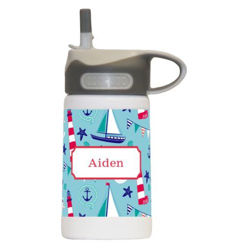 Stainless steel water bottle for kids personalized with landmarks pattern and name in cherry red