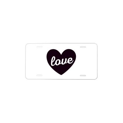 Custom plate personalized with the saying "love" in white and black