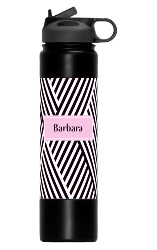 Insulated water bottle personalized with maze pattern and name in black and pink quartz Insulated water bottle personalized with maze pattern and name in black and pink quartz