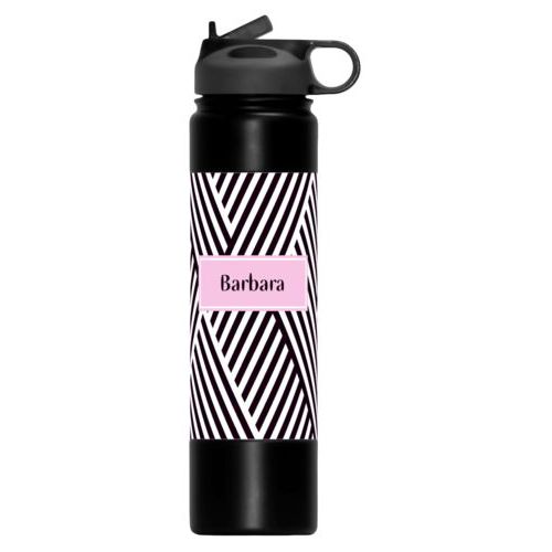 Insulated water bottle personalized with maze pattern and name in black and pink quartz